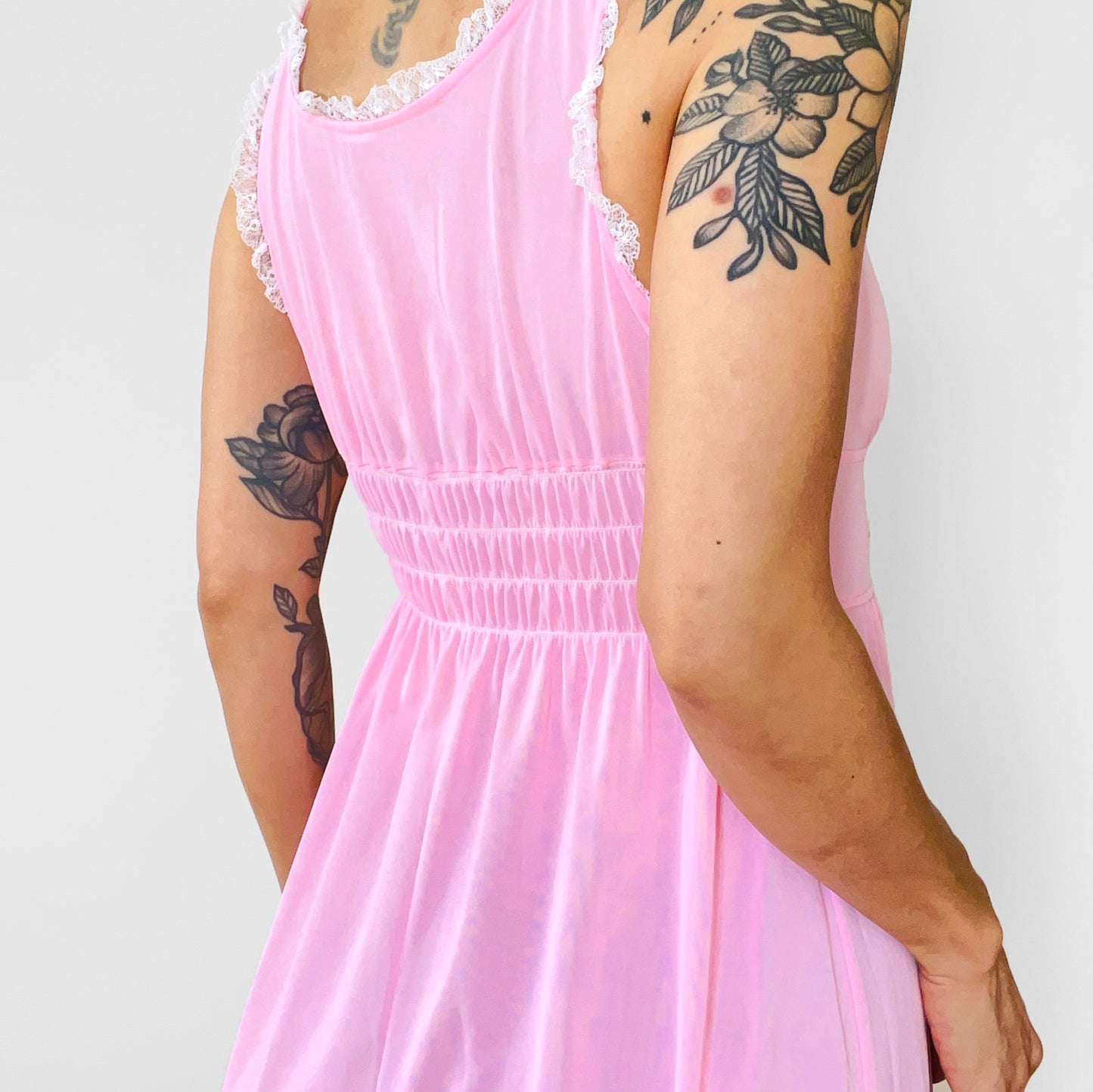 1970s Pink and White Lace Floral Embroidered Nylon Slip Dress