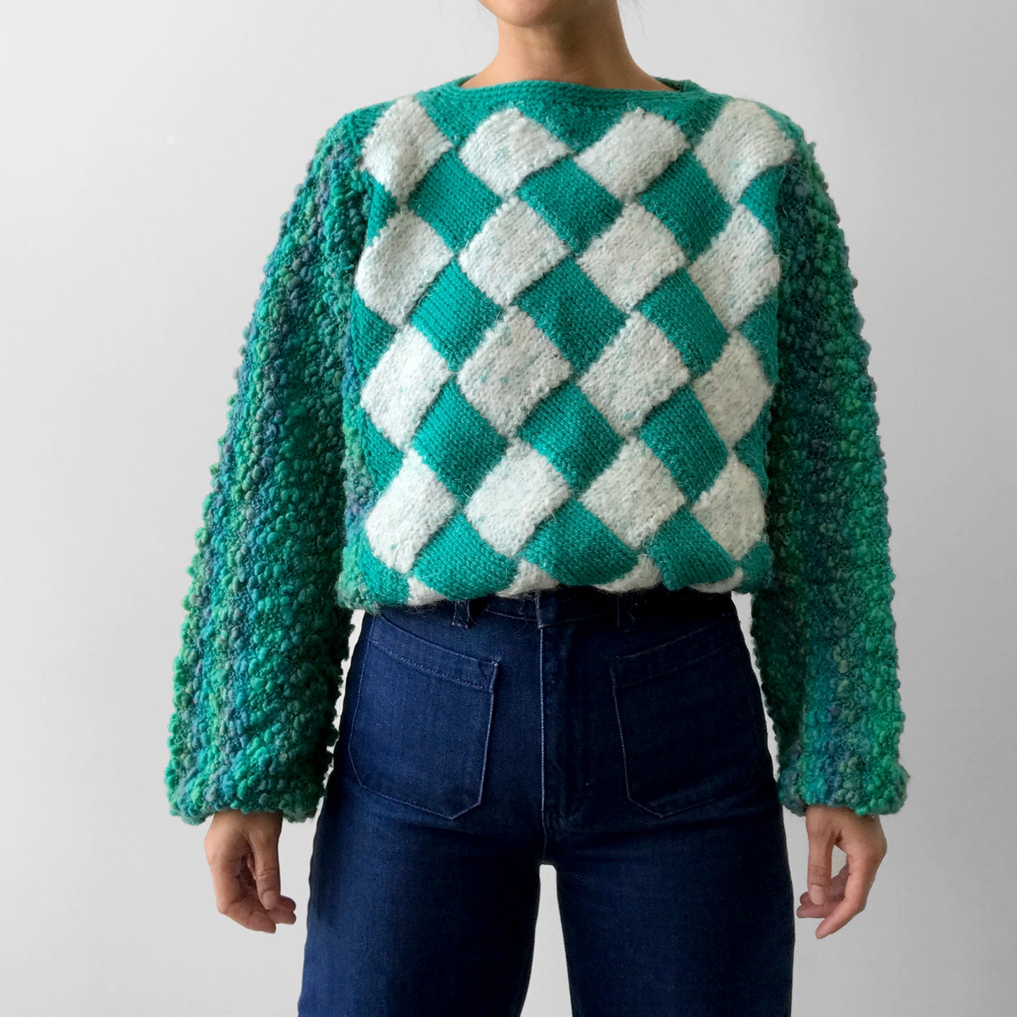 1980s Blue-Green Checkered Pattern Handmade Hand-Knit Pullover Sweater