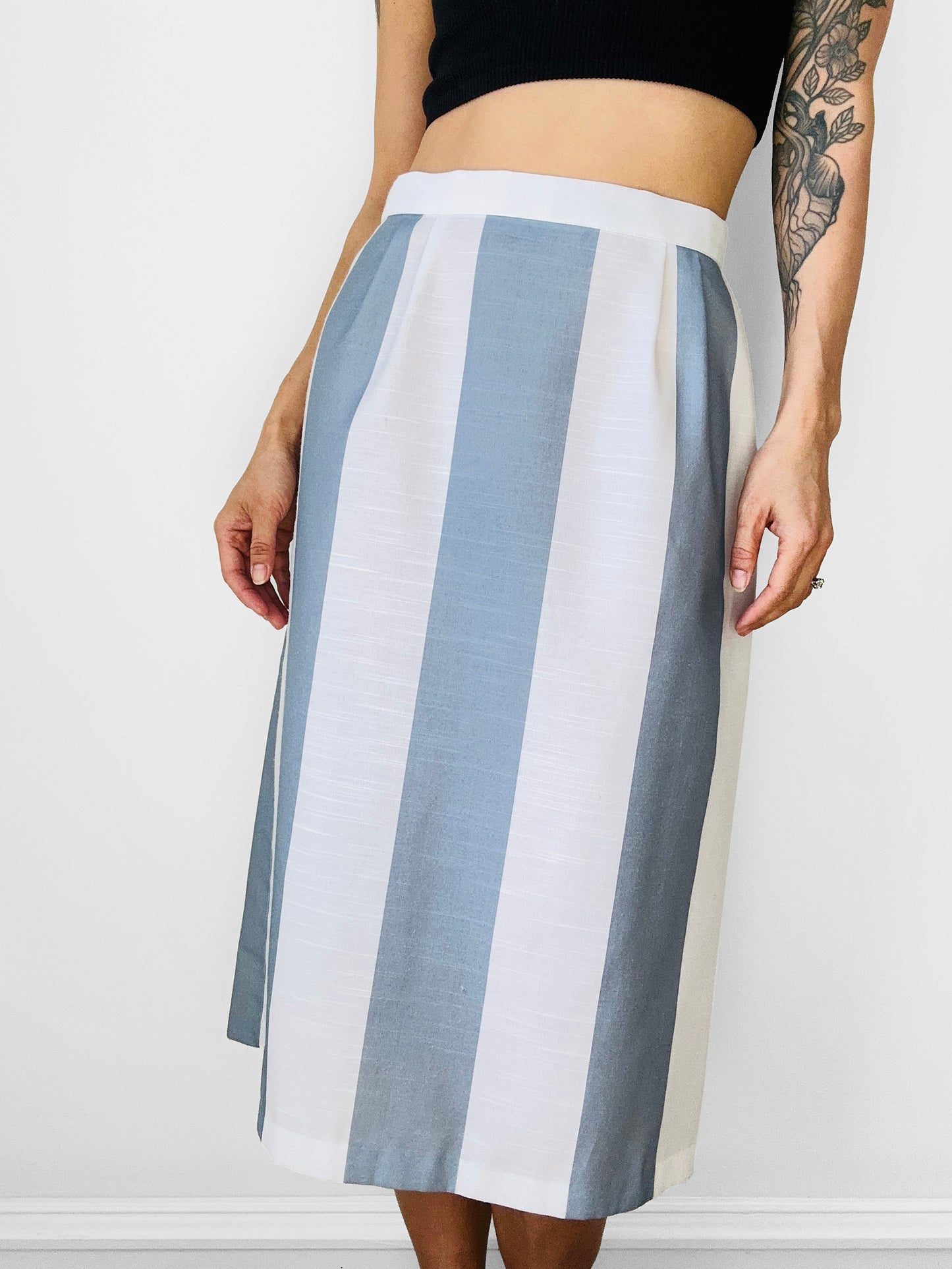 1970s Slate Blue and White Stripe Lightweight Cotton Blend Skirt - Sz. S