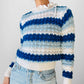 1970s Ruffle Neck Blue and White Stripe Lightweight Long Sleeve Knit Sweater Top