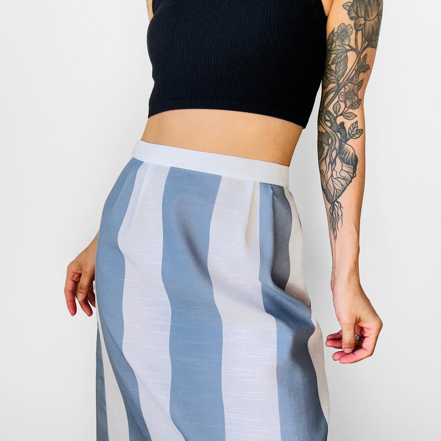 1970s Slate Blue and White Stripe Lightweight Cotton Blend Skirt - Sz. S