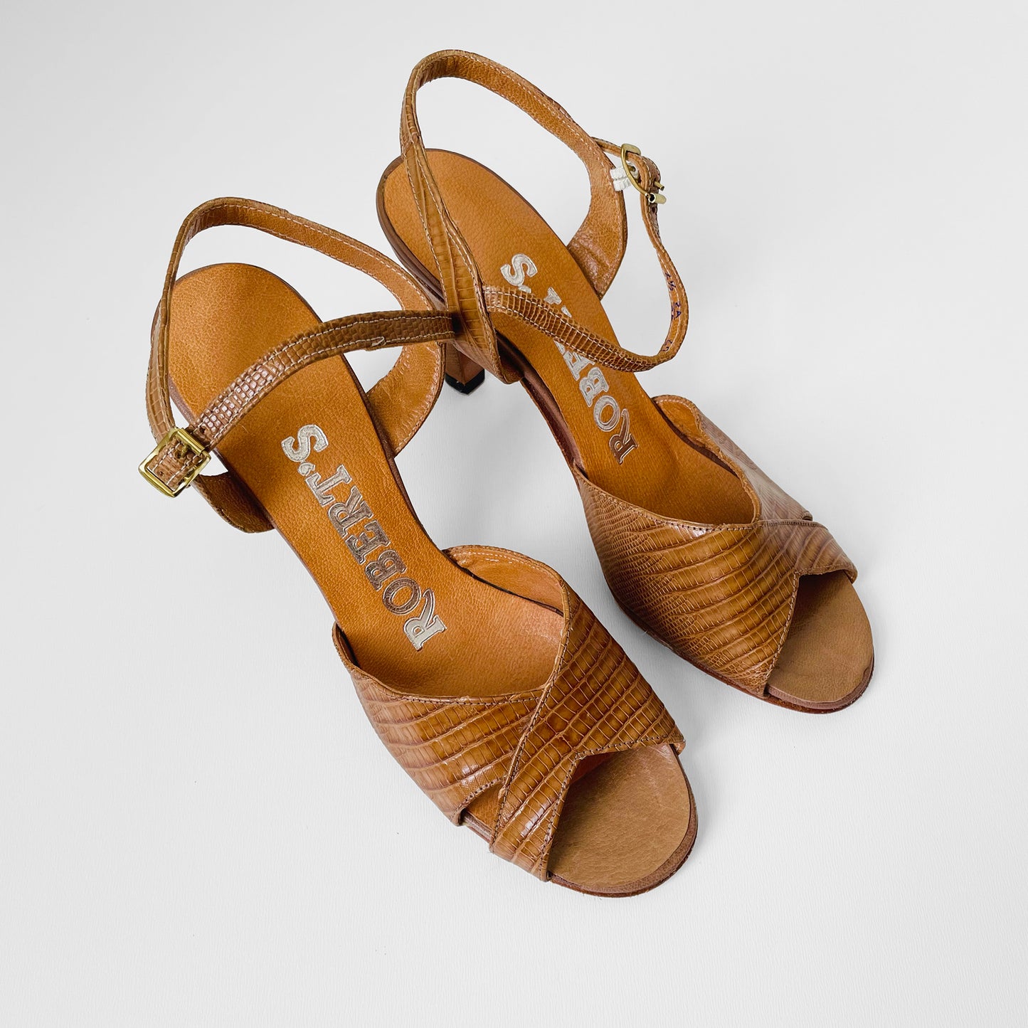 1970s Made in Canada Tan Leather Peep-Toe Sandal Heels