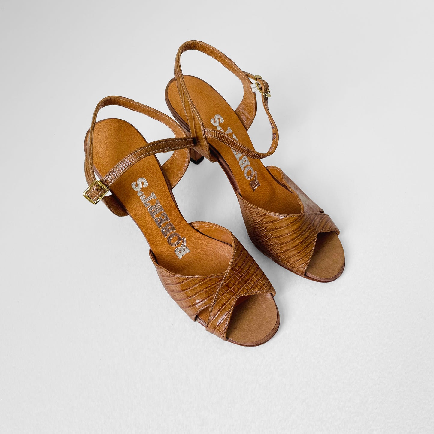 1970s Made in Canada Tan Leather Peep-Toe Sandal Heels