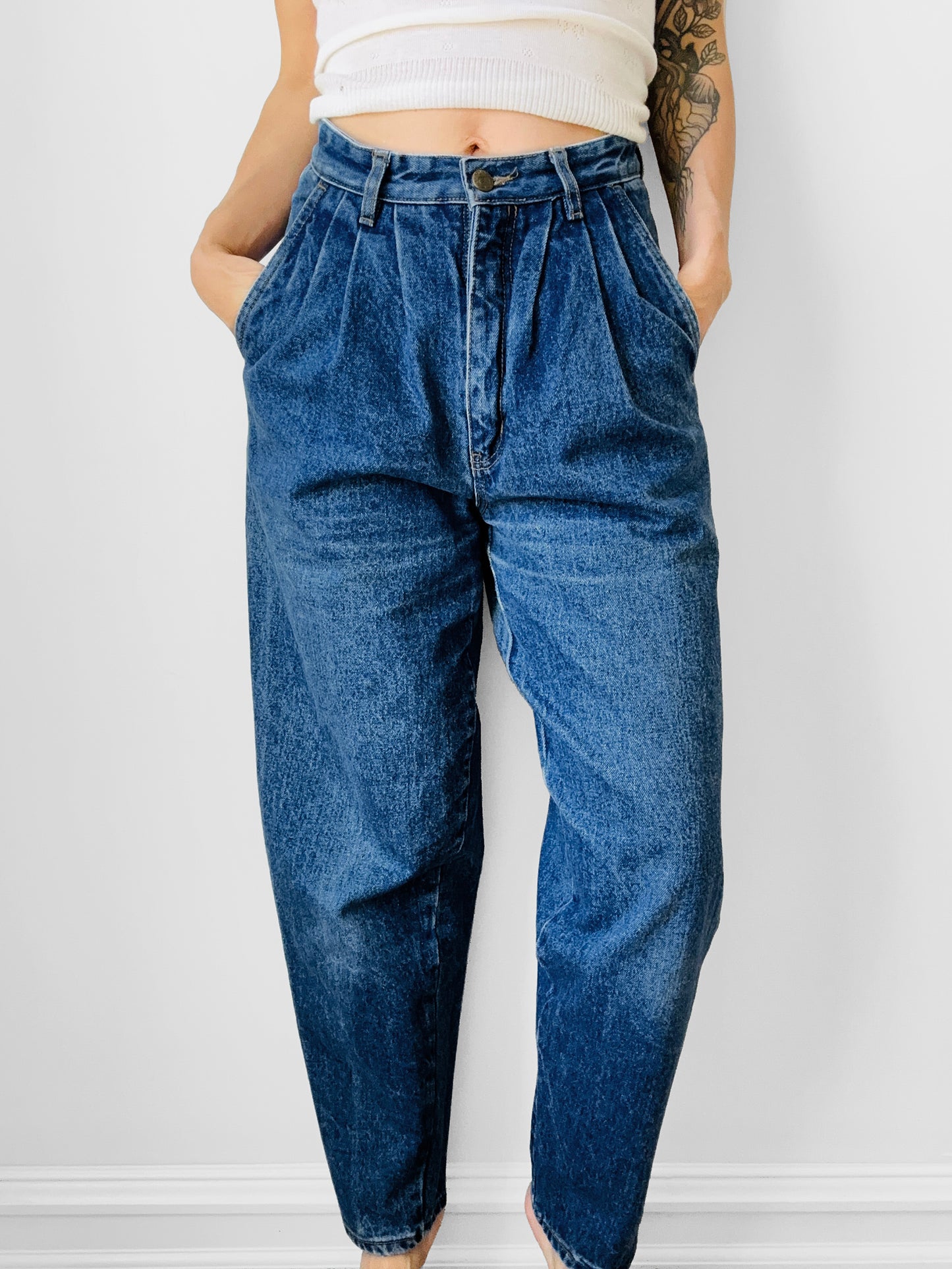 1980s Clock House Brand High-Waisted Pleated Tapered Leg Distressed Denim Jeans - Waist 27