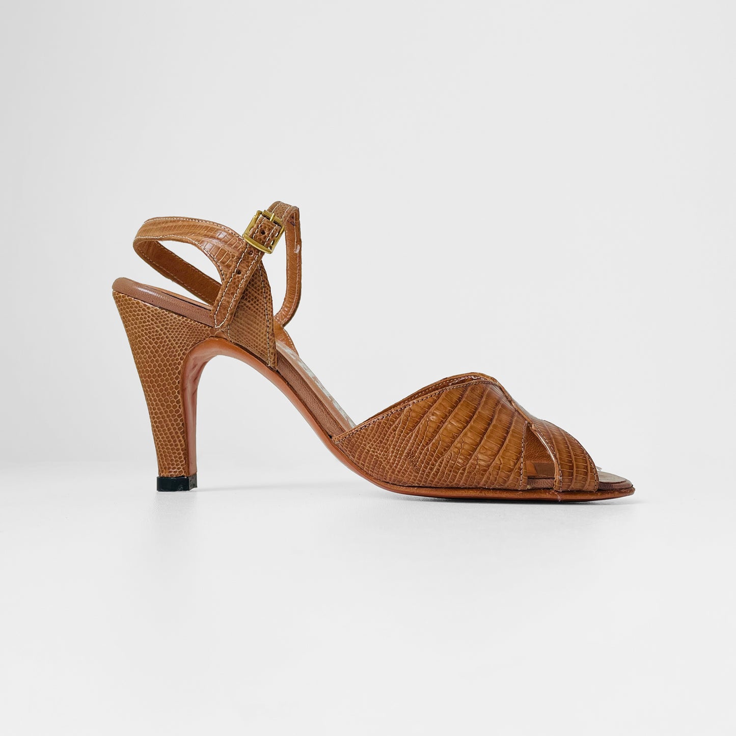 1970s Made in Canada Tan Leather Peep-Toe Sandal Heels