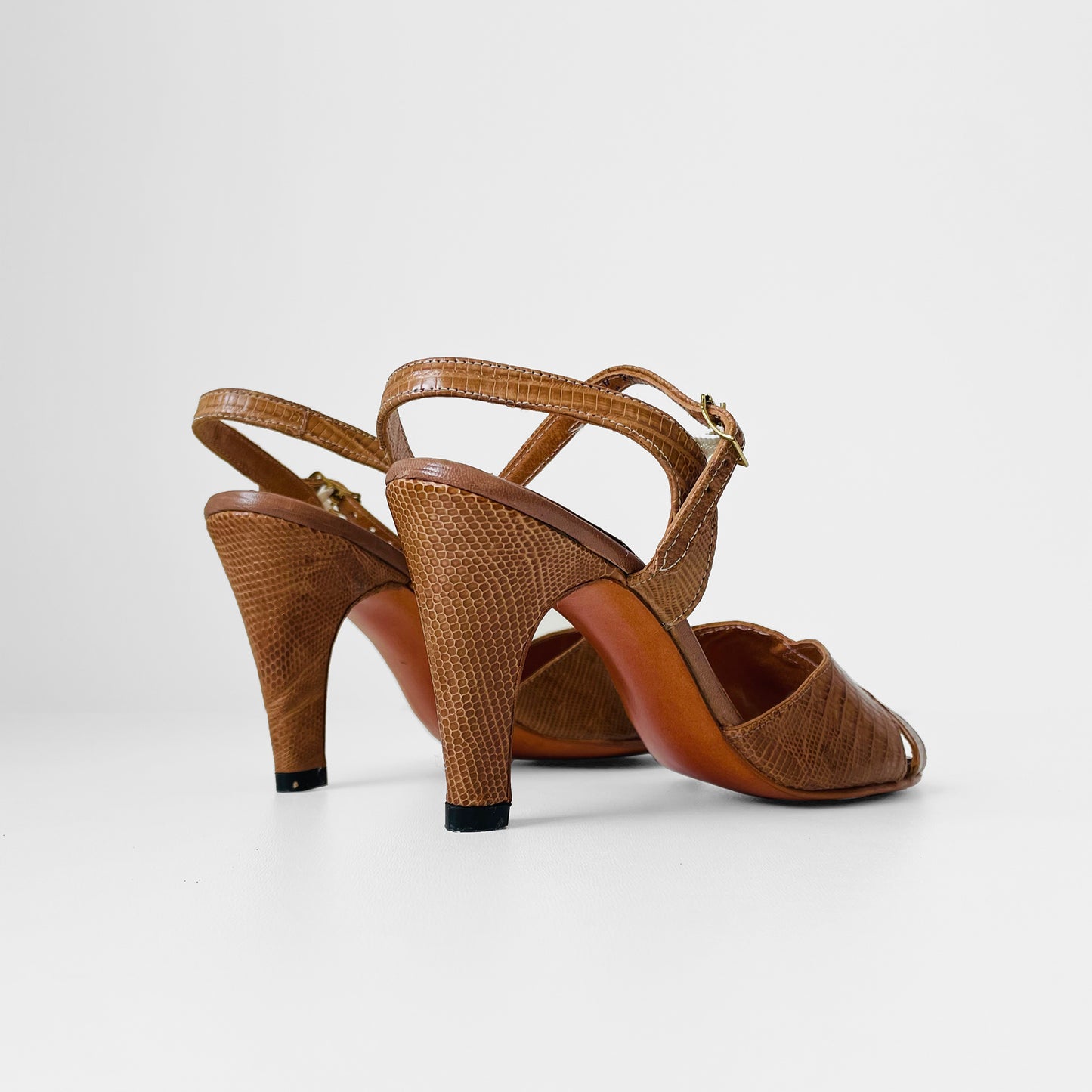 1970s Made in Canada Tan Leather Peep-Toe Sandal Heels