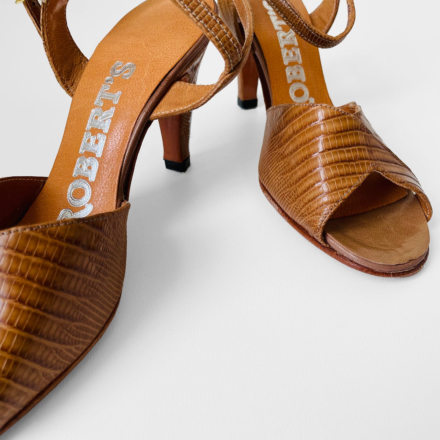 1970s Made in Canada Tan Leather Peep-Toe Sandal Heels