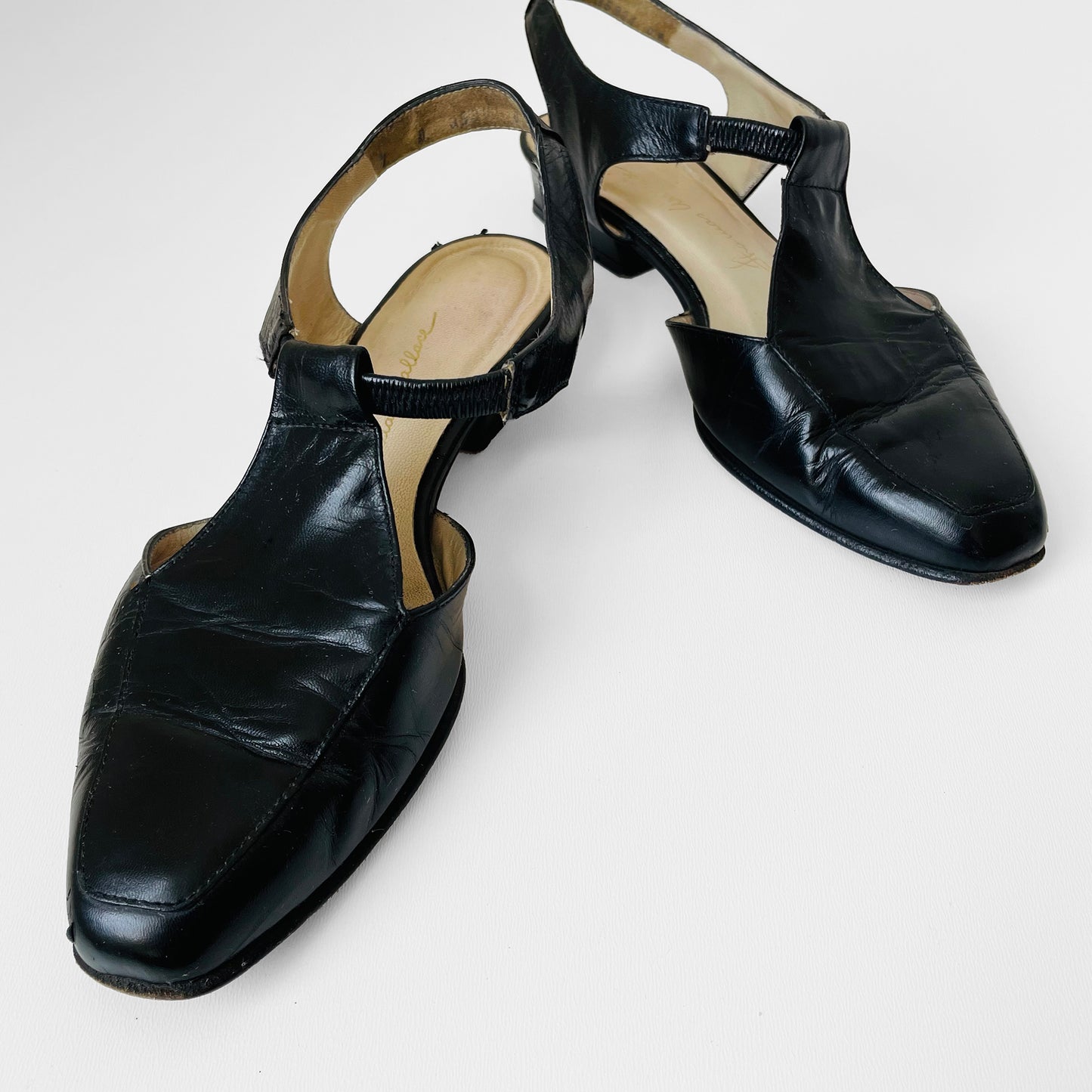 1990s Black Thomas Wallace Leather Slingback Slip-On Flats - Sz. 7