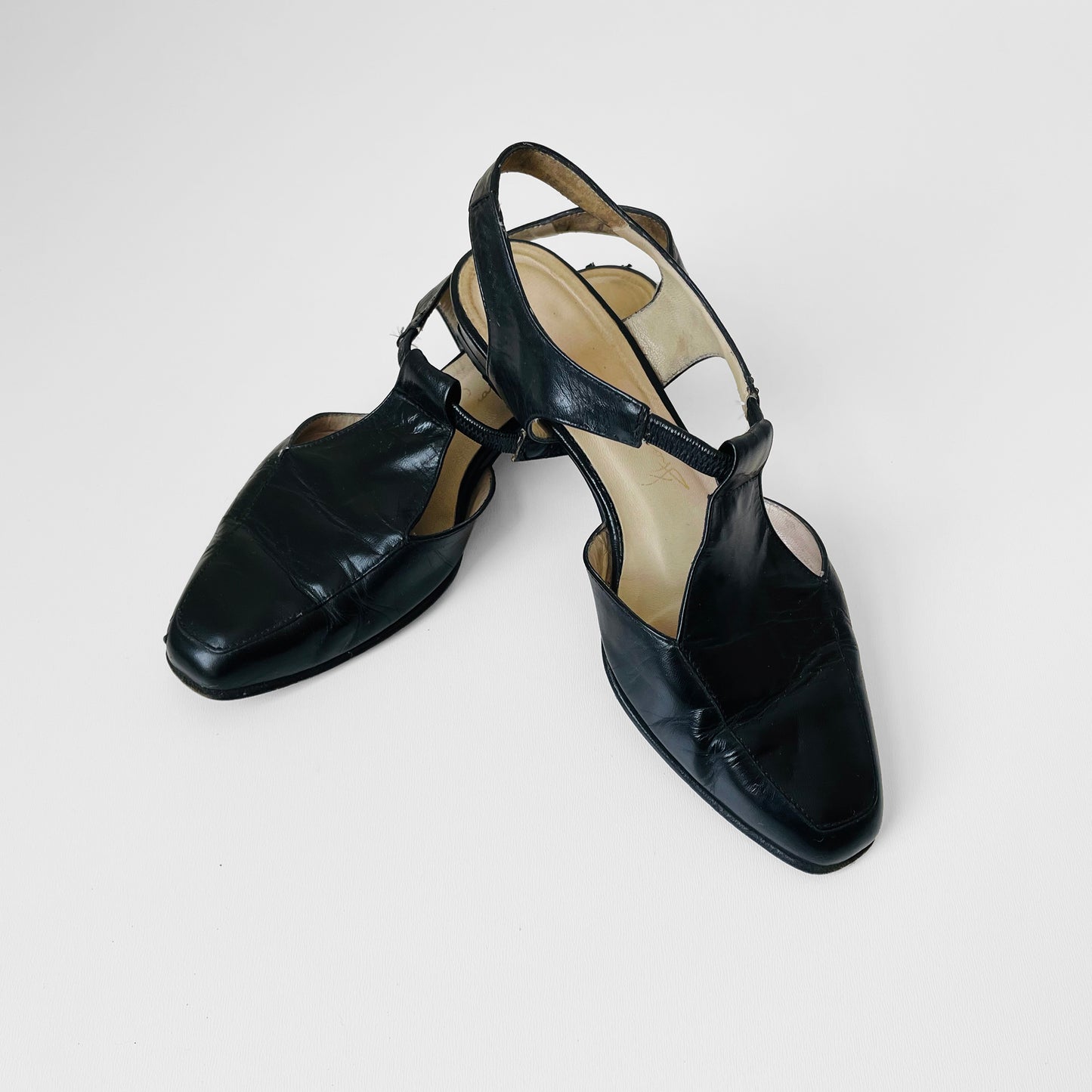 1990s Black Thomas Wallace Leather Slingback Slip-On Flats - Sz. 7