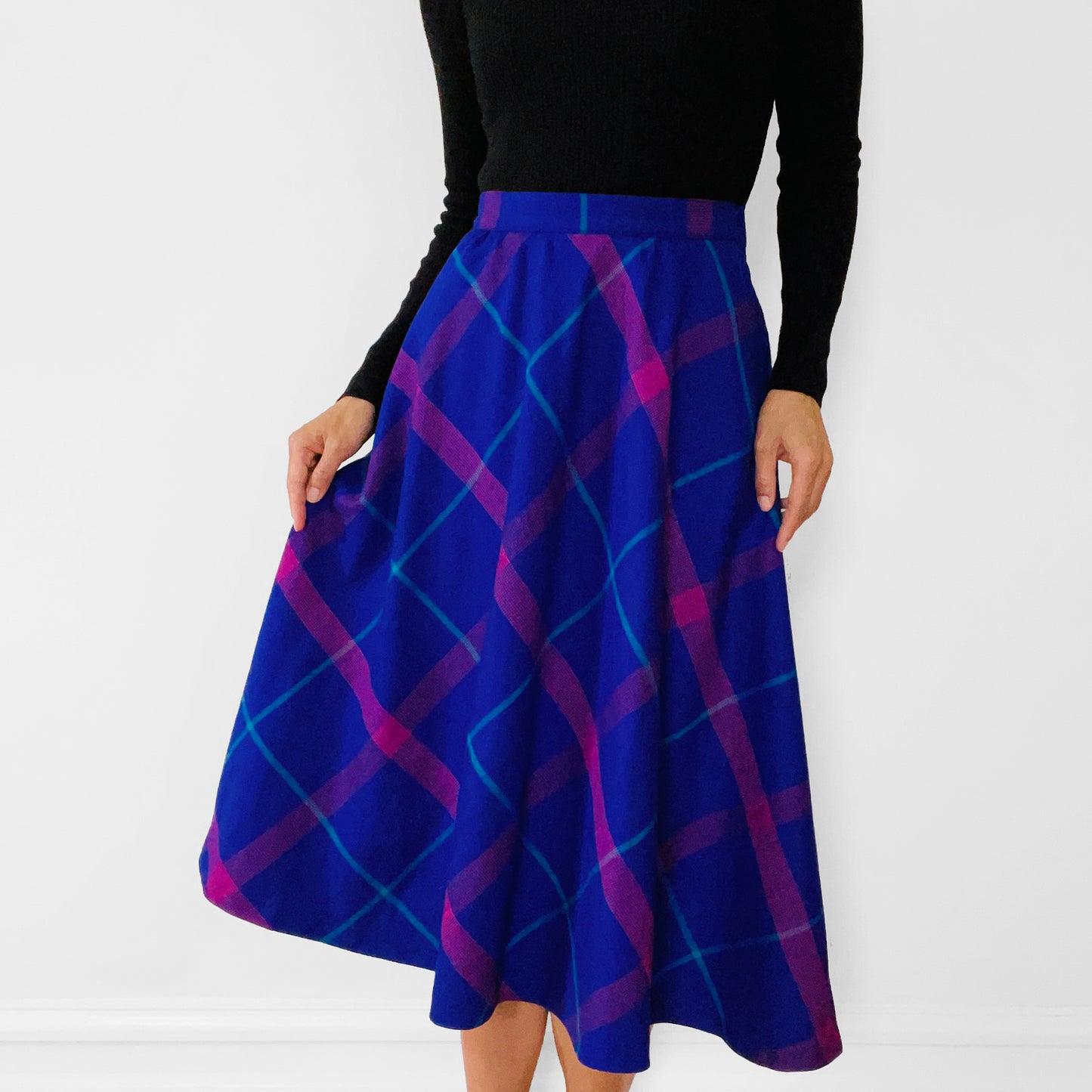 1980s Made in Canada Purple and Pink Plaid Fit and Flare Wool Skirt