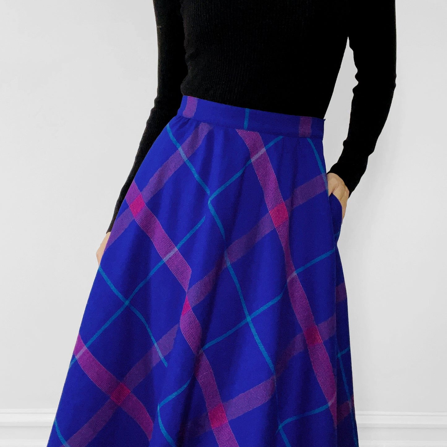 1980s Made in Canada Purple and Pink Plaid Fit and Flare Wool Skirt