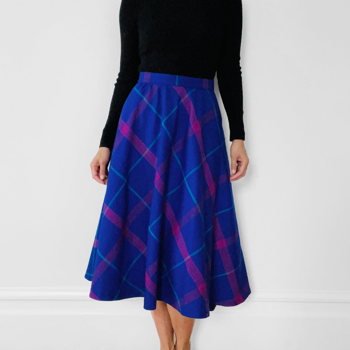 1980s Made in Canada Purple and Pink Plaid Fit and Flare Wool Skirt