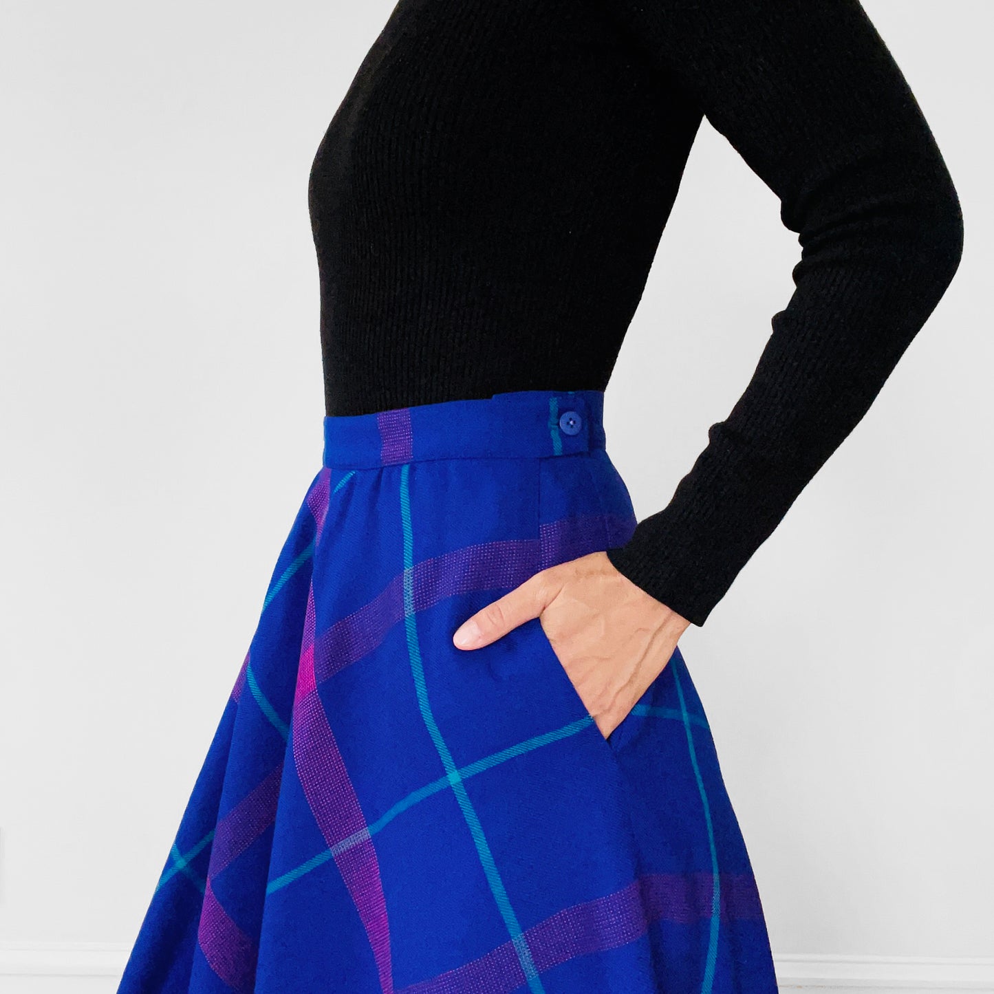 1980s Made in Canada Purple and Pink Plaid Fit and Flare Wool Skirt