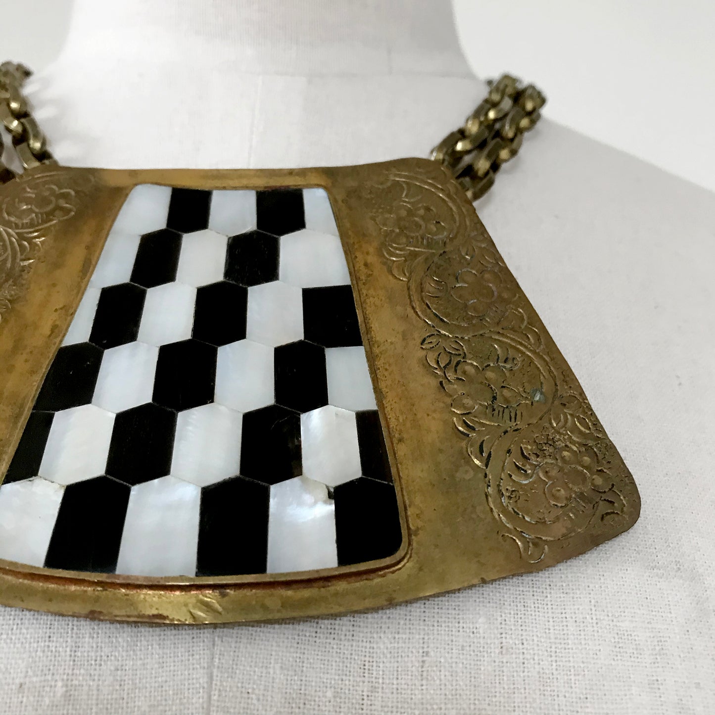 Etched Brass Mother-of-Pearl Black Onyx Inlay Statement Necklace