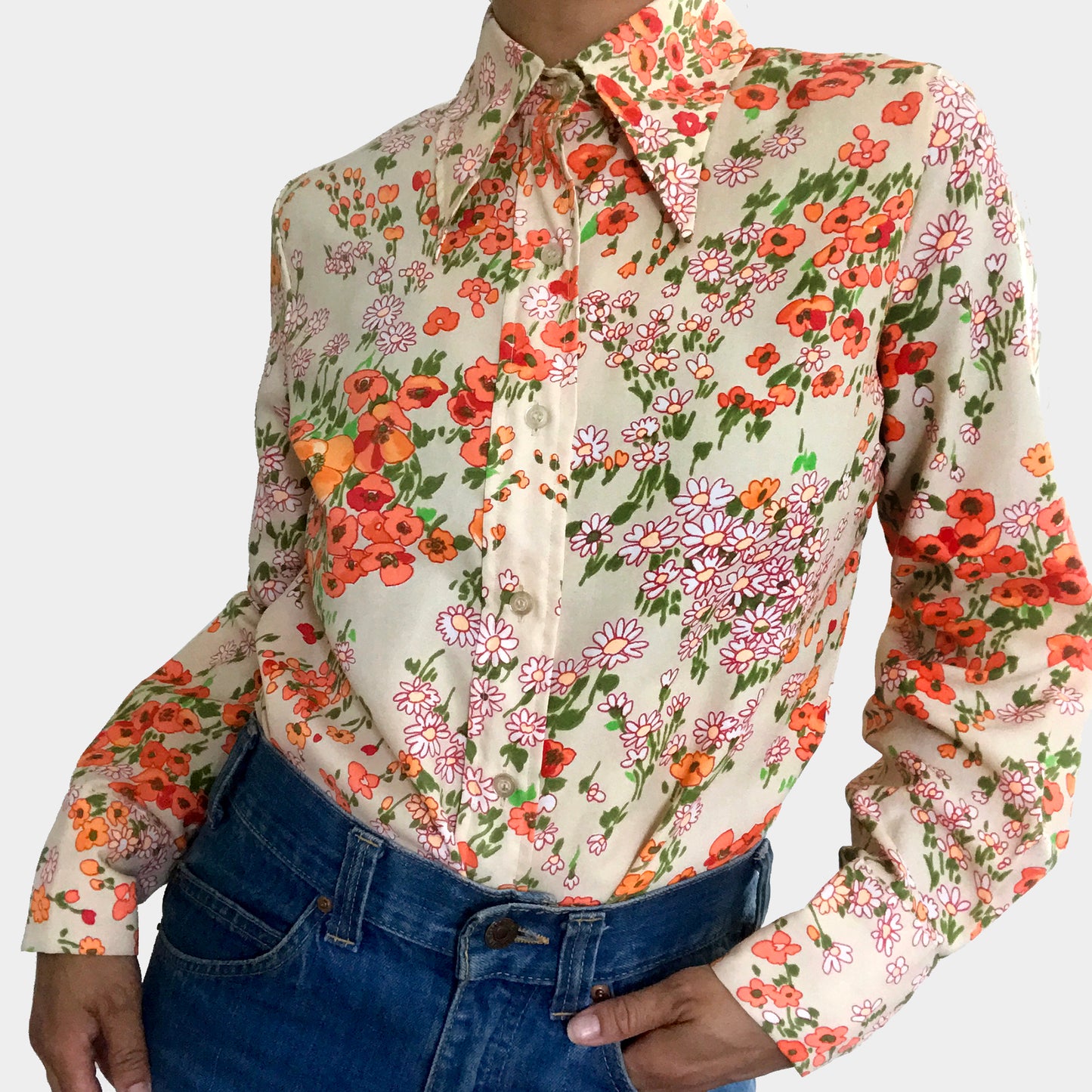 1970s Floral Wide-Lapel Button-Up Long Sleeve Shirt