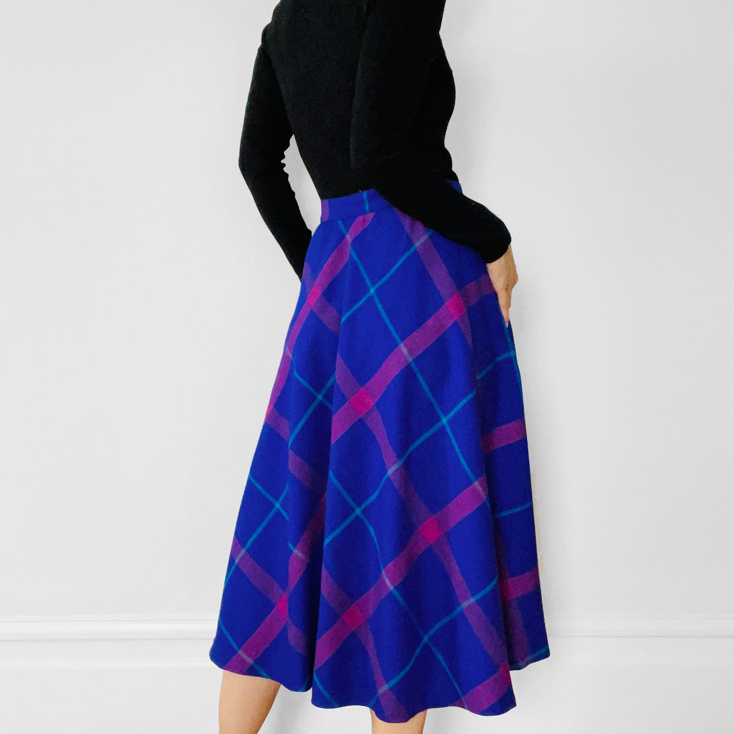 1980s Made in Canada Purple and Pink Plaid Fit and Flare Wool Skirt