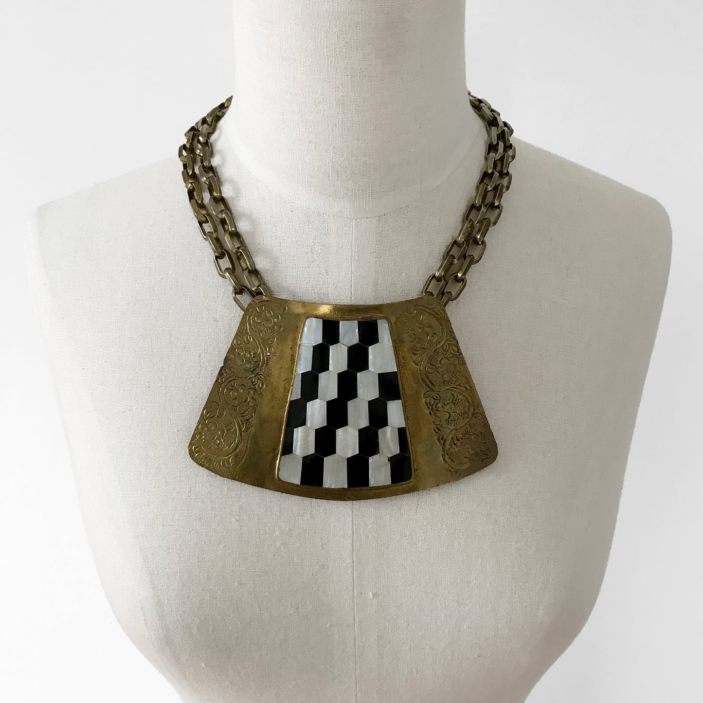 Etched Brass Mother-of-Pearl Black Onyx Inlay Statement Necklace