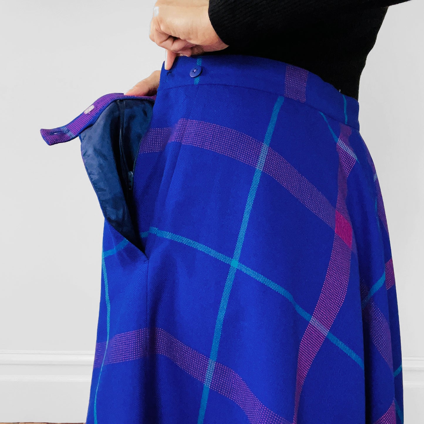 1980s Made in Canada Purple and Pink Plaid Fit and Flare Wool Skirt