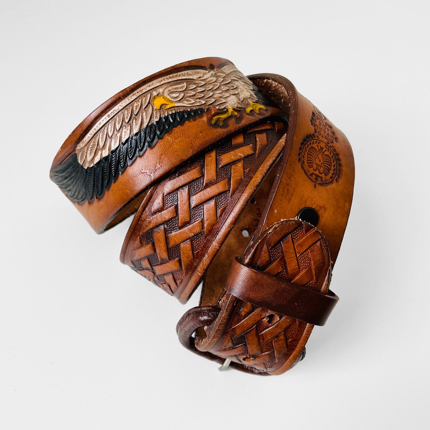 1970s Tobacco Brown Eagle and Flower Tooled Leather Belt - Sz. 33.5-40.5