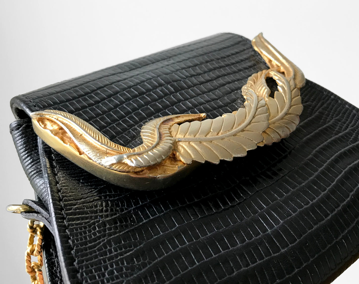 Vintage, Black, Leather, Gold-Toned, Leaf, Embellished, Compact, Wallet, Chain-Strap, Purse