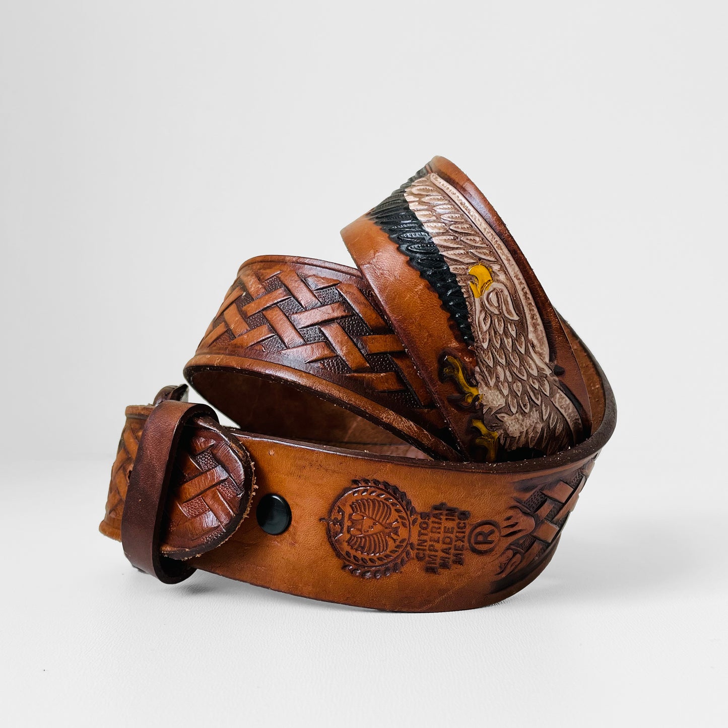 1970s Tobacco Brown Eagle and Flower Tooled Leather Belt - Sz. 33.5-40.5