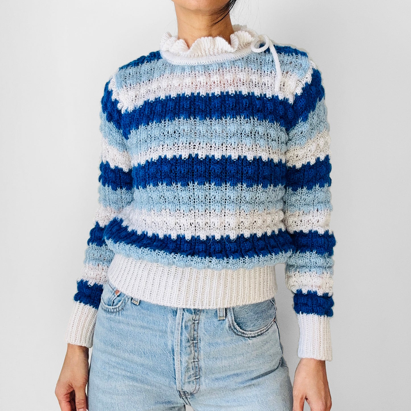 1970s Ruffle Neck Blue and White Stripe Lightweight Long Sleeve Knit Sweater Top