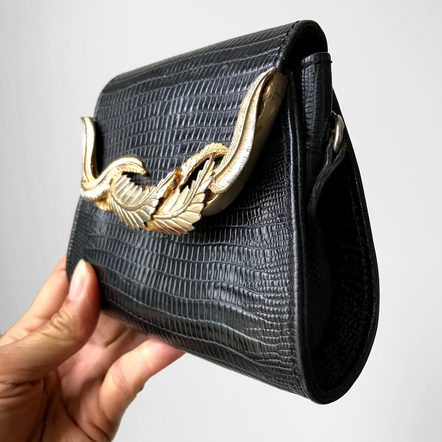 Vintage, Black, Leather, Gold-Toned, Leaf, Embellished, Compact, Wallet, Chain-Strap, Purse