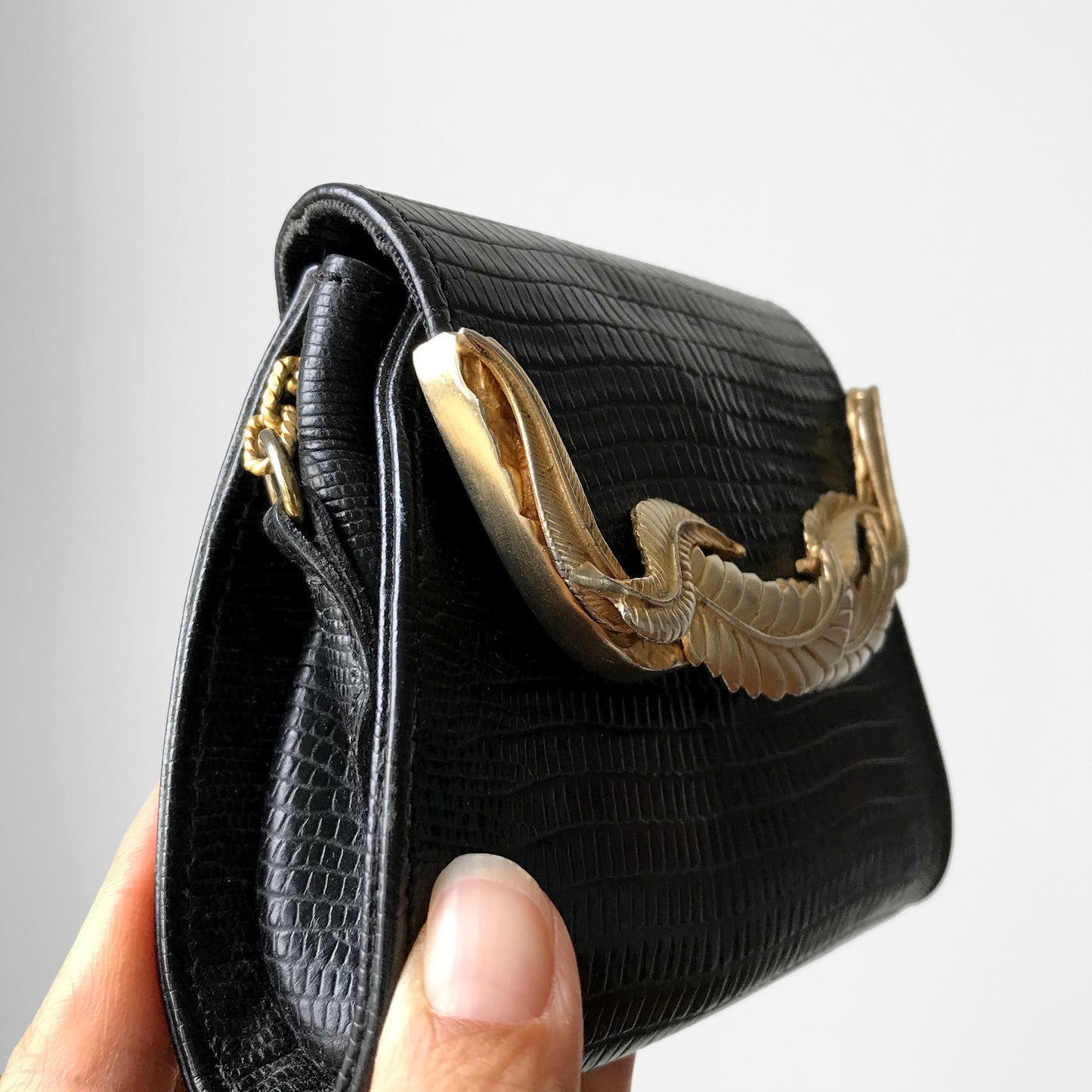 Vintage, Black, Leather, Gold-Toned, Leaf, Embellished, Compact, Wallet, Chain-Strap, Purse