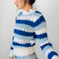 1970s Ruffle Neck Blue and White Stripe Lightweight Long Sleeve Knit Sweater Top