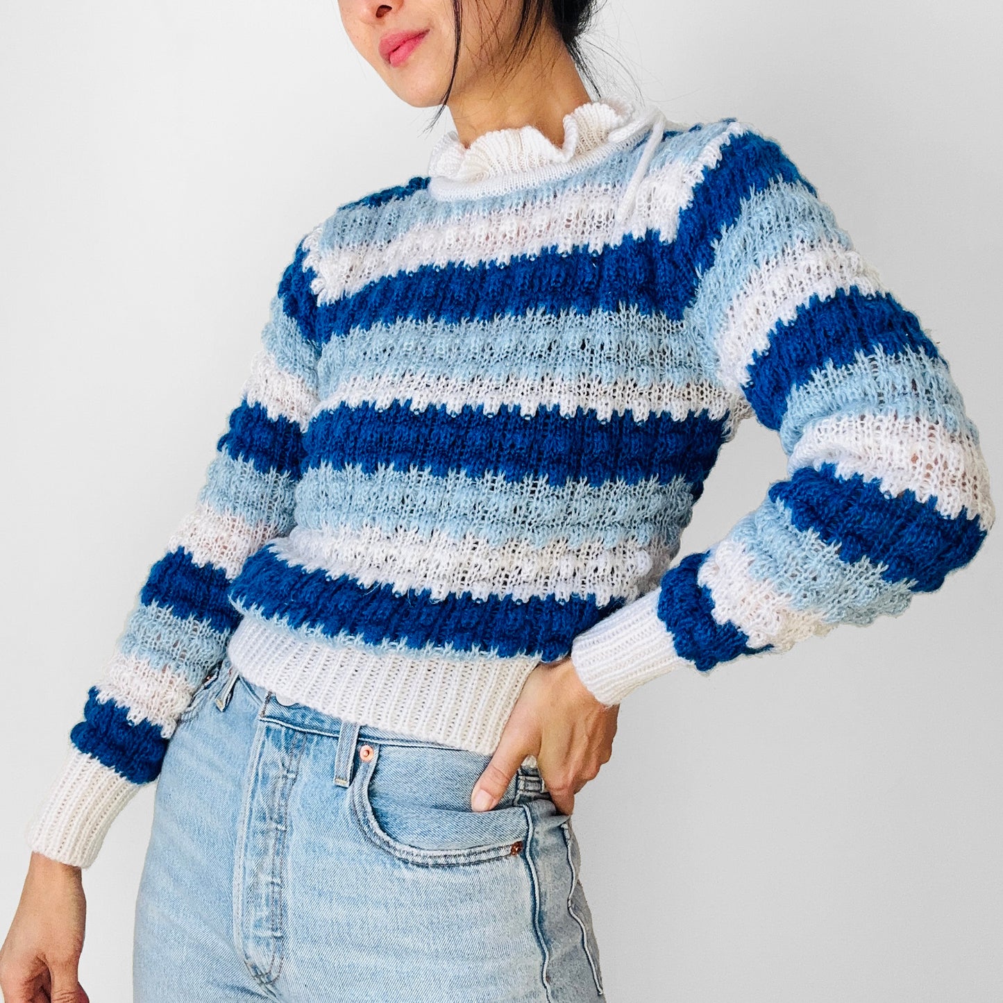 1970s Ruffle Neck Blue and White Stripe Lightweight Long Sleeve Knit Sweater Top