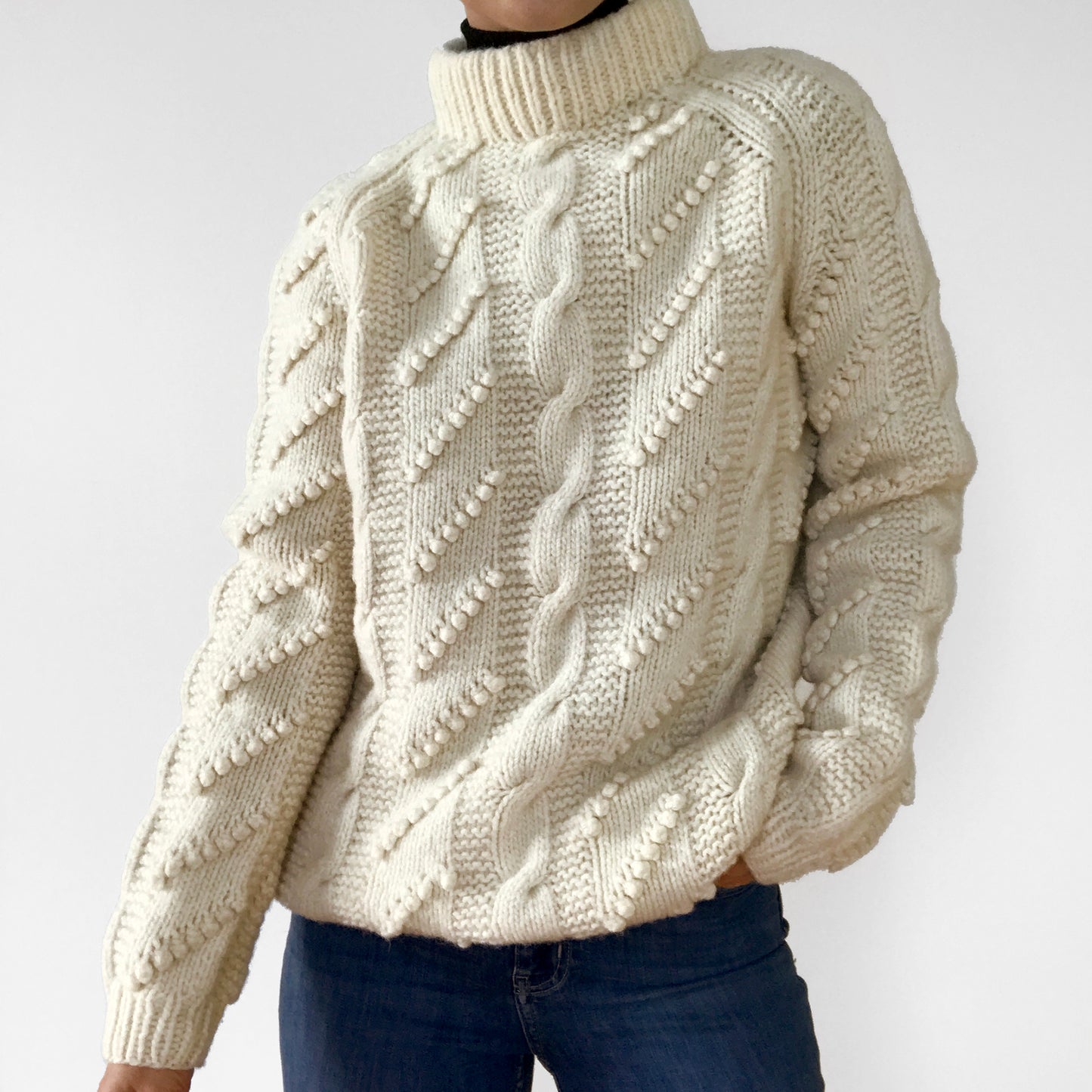 Handmade Wool Cable-Knit Bobble-Knit Pullover Sweater