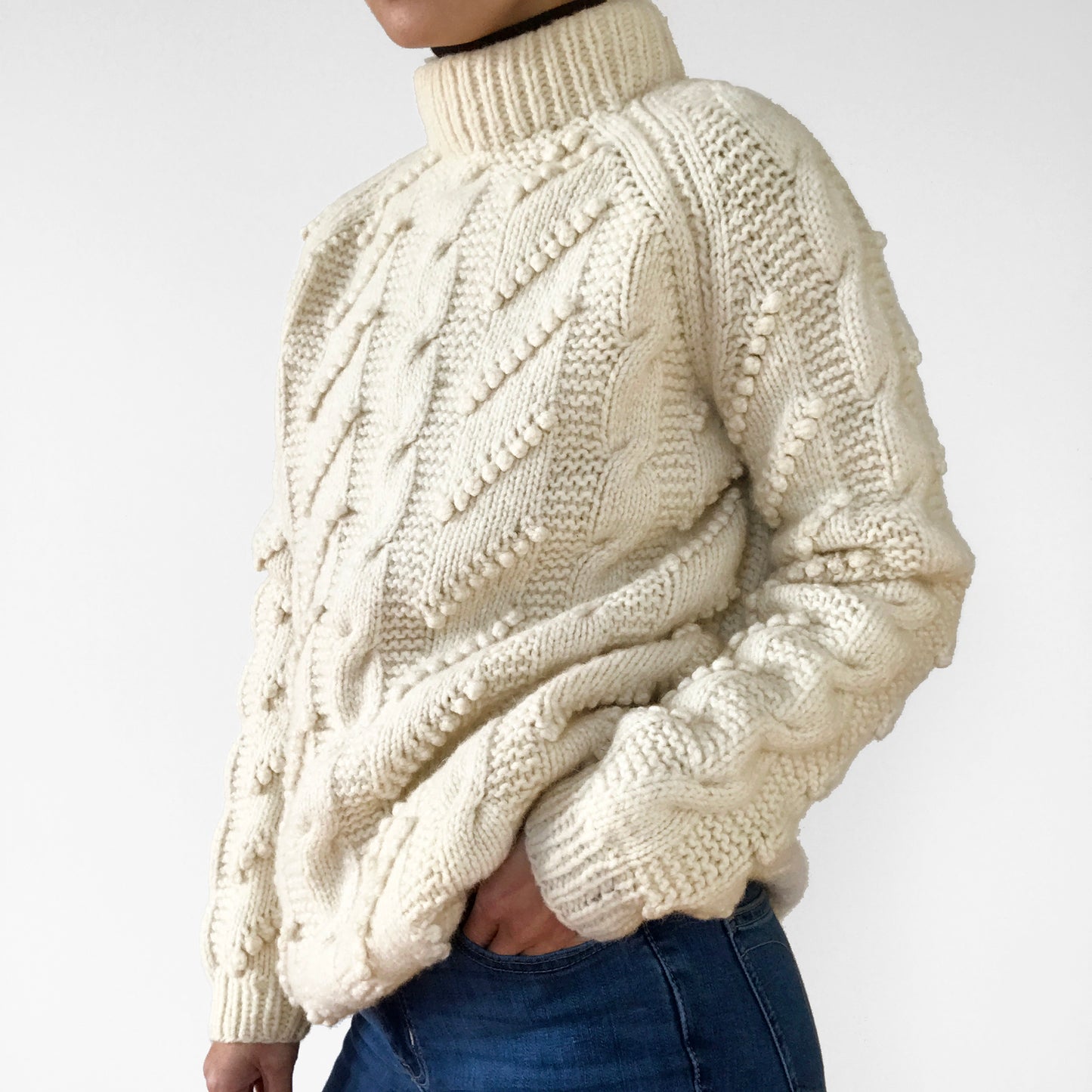 Handmade Wool Cable-Knit Bobble-Knit Pullover Sweater