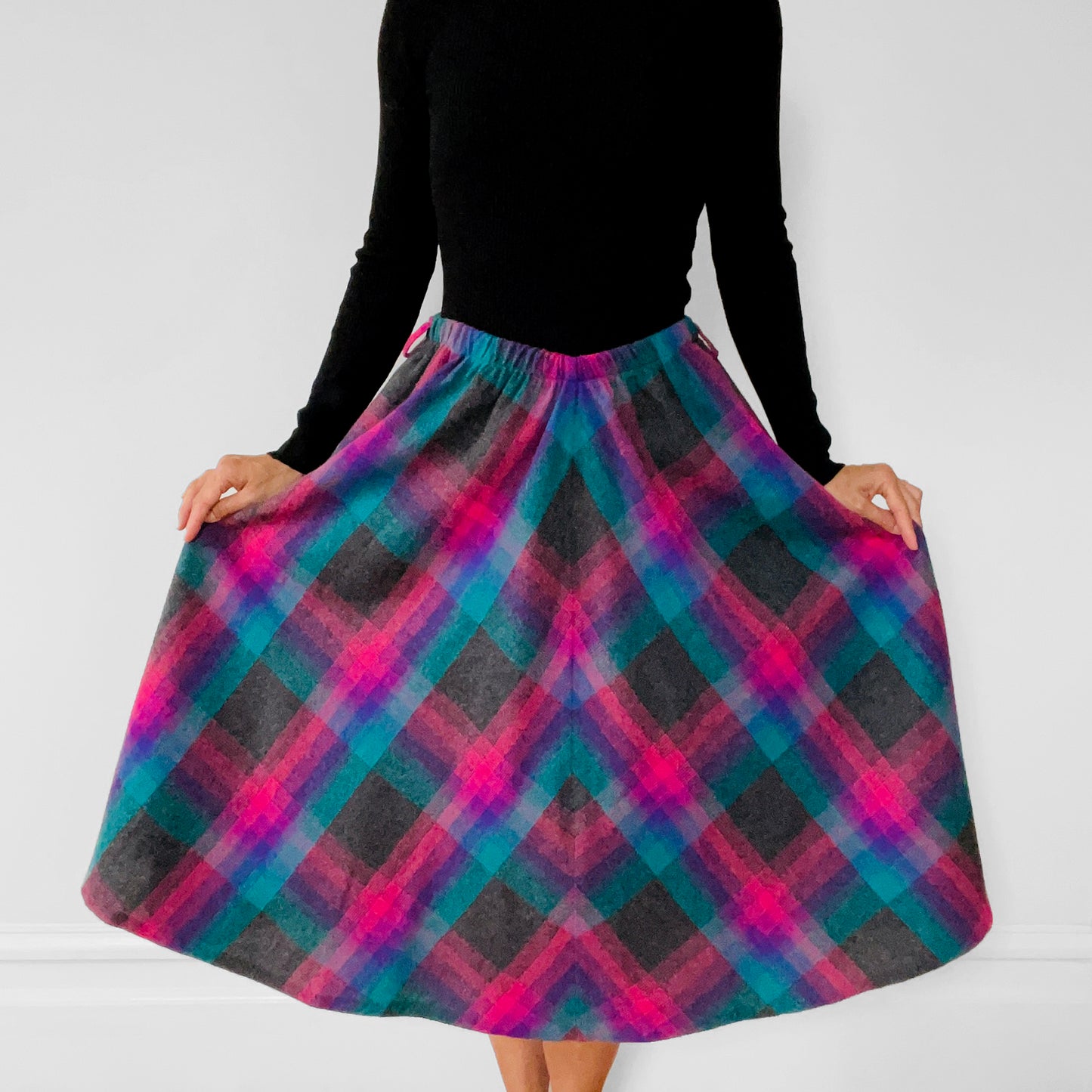 1960s Wool Grey and Pink Plaid Fit and Flare Tea-Length Skirt