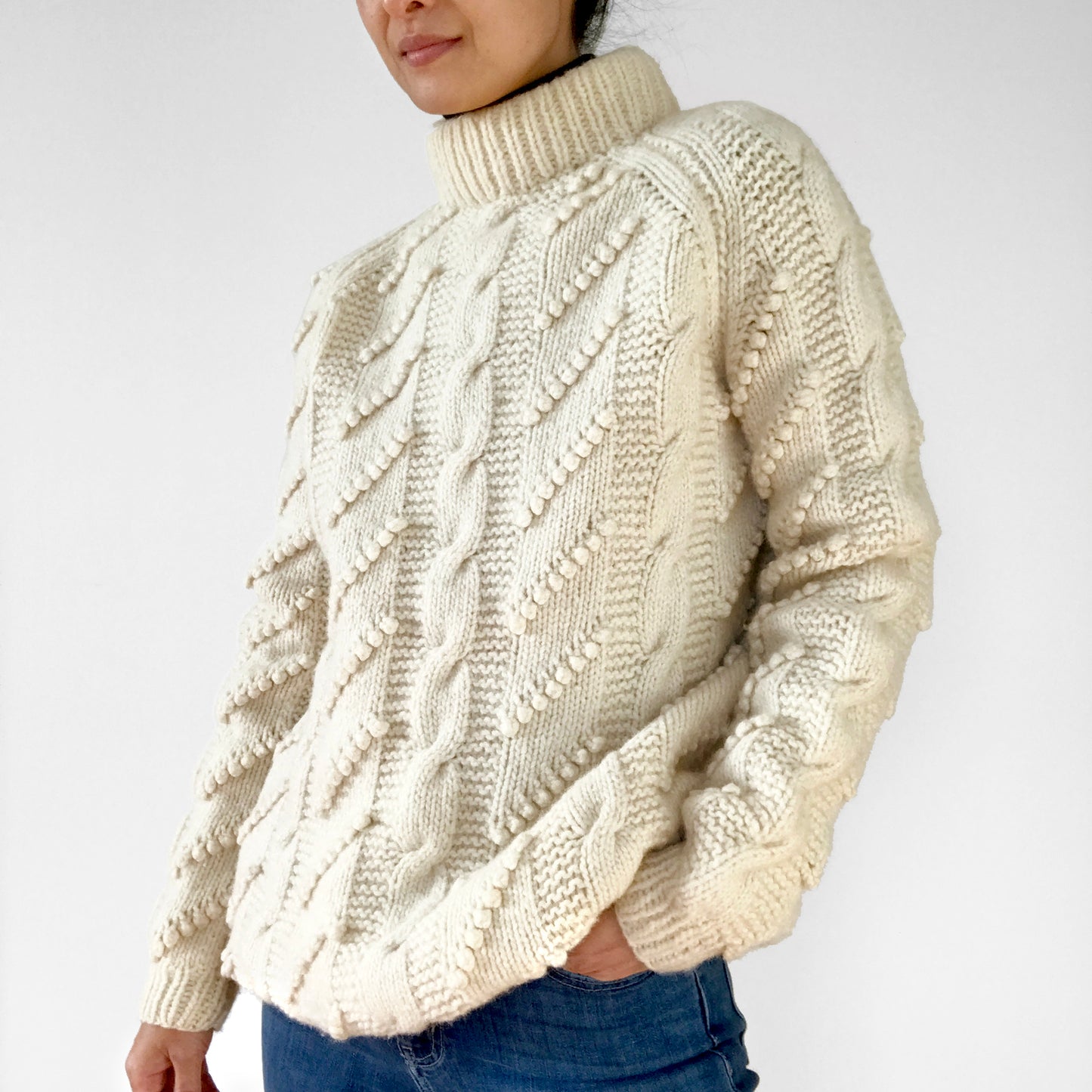 Handmade Wool Cable-Knit Bobble-Knit Pullover Sweater