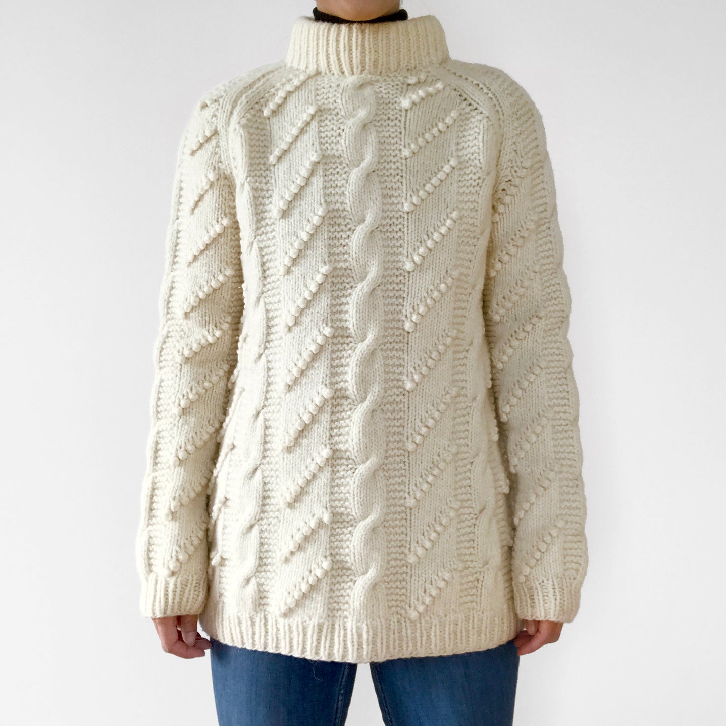 Handmade Wool Cable-Knit Bobble-Knit Pullover Sweater