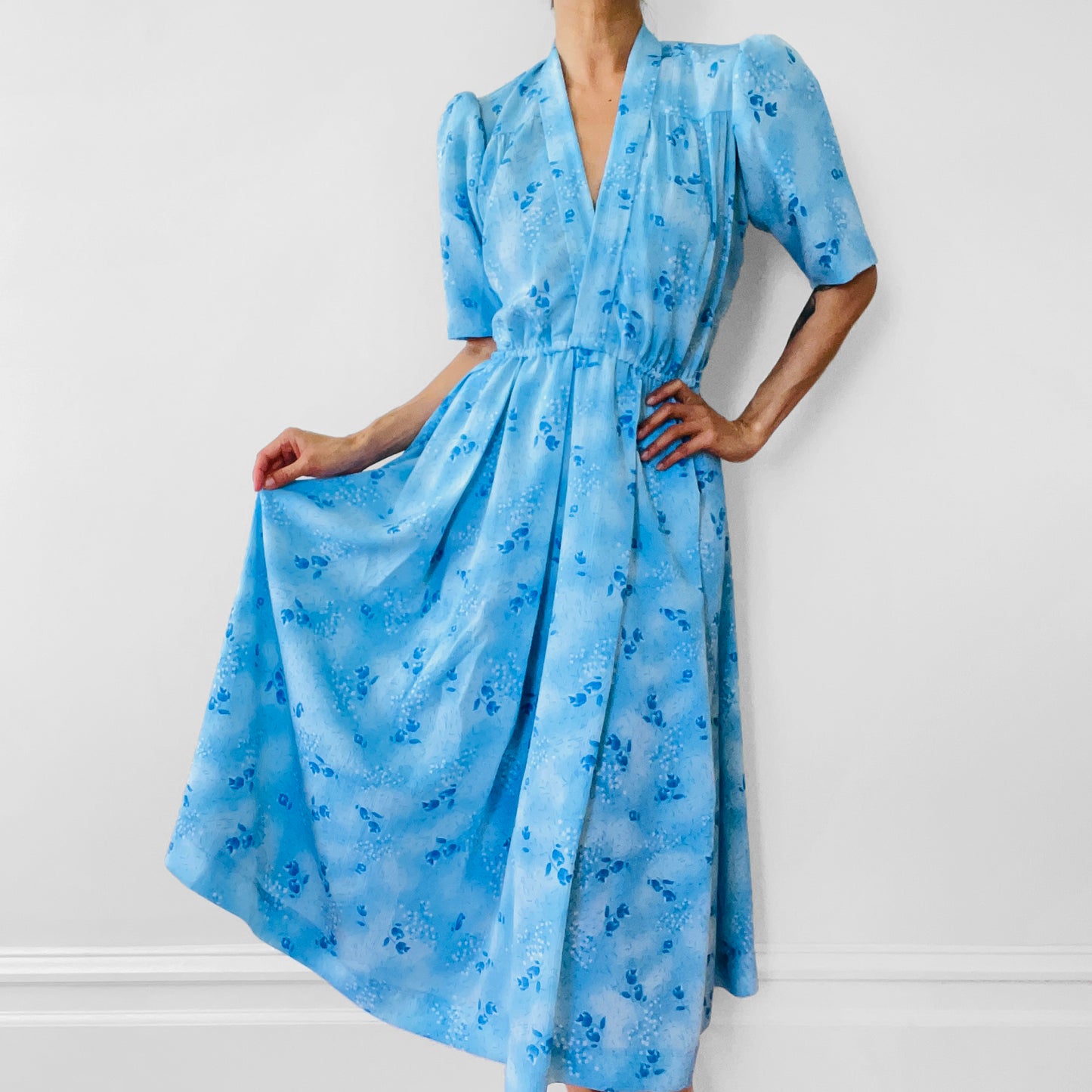 1960s Blue French-Country Floral Handmade Fit & Flare Dress