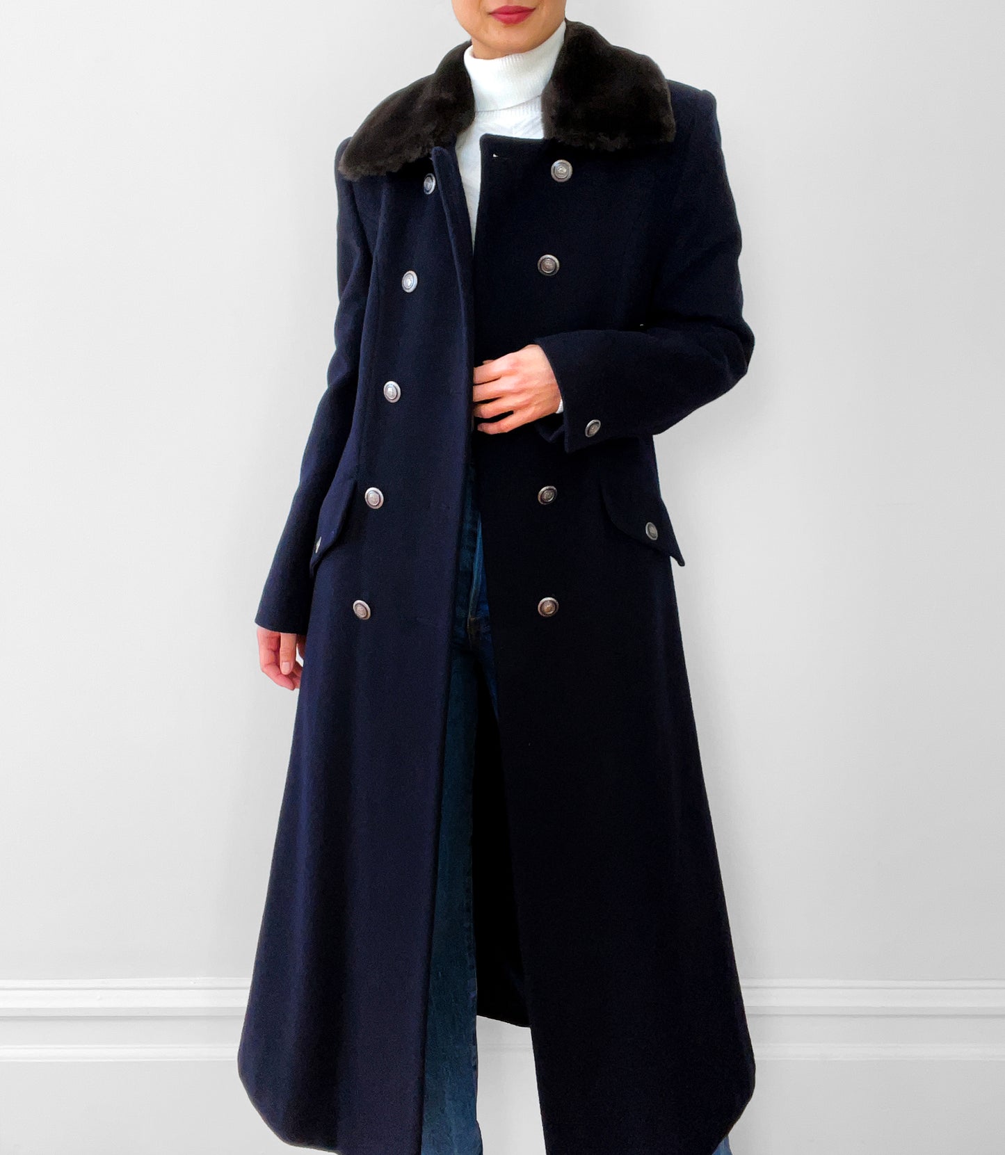 Navy Lambswool Naval- Inspired Double-Breasted Coat