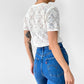 1970s Off-White Floral Crochet Button-Front Bohemian Short Sleeve Fitted Top