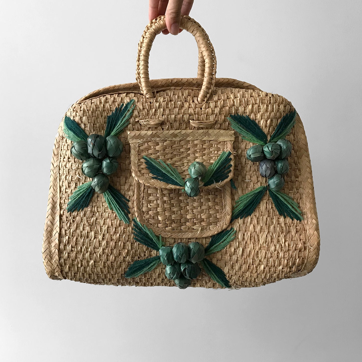 1960s Woven Straw Leaf, Embellished Top-Handle Basket Handbag