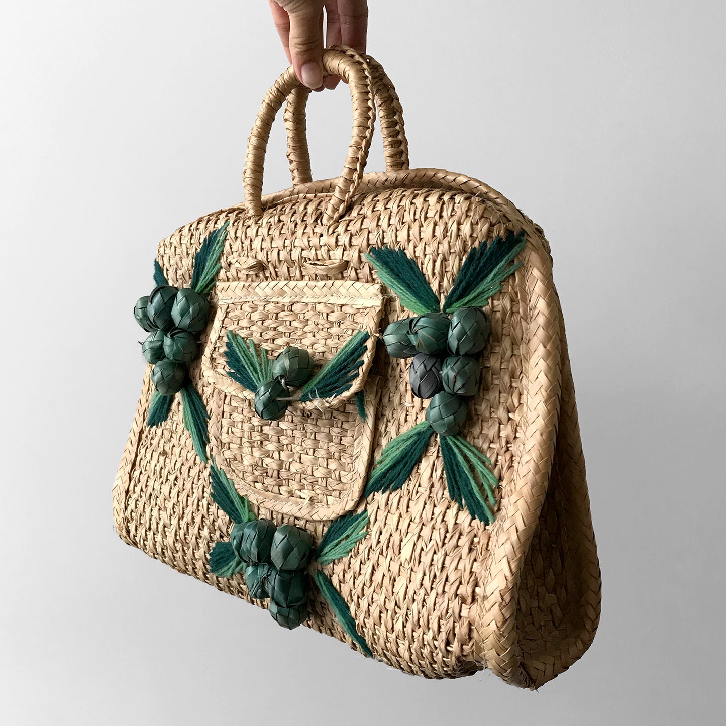 1960s Woven Straw Leaf, Embellished Top-Handle Basket Handbag