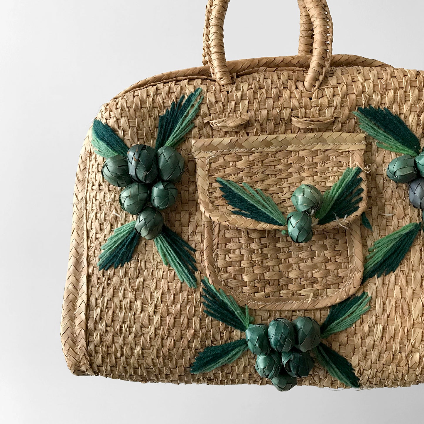 1960s Woven Straw Leaf, Embellished Top-Handle Basket Handbag