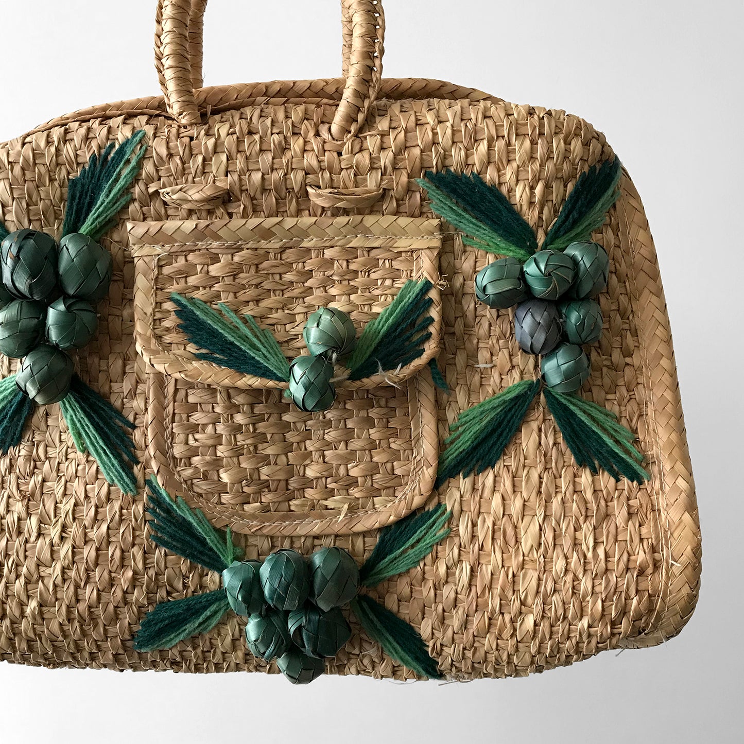 1960s Woven Straw Leaf, Embellished Top-Handle Basket Handbag