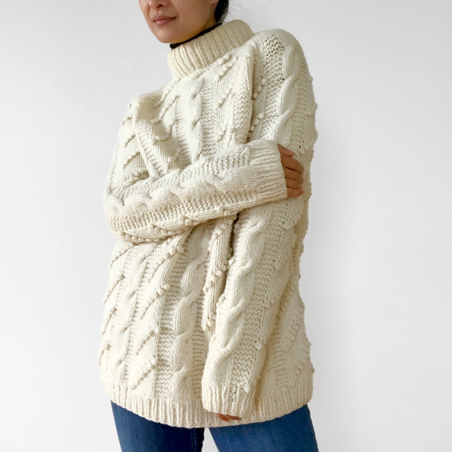 Handmade Wool Cable-Knit Bobble-Knit Pullover Sweater