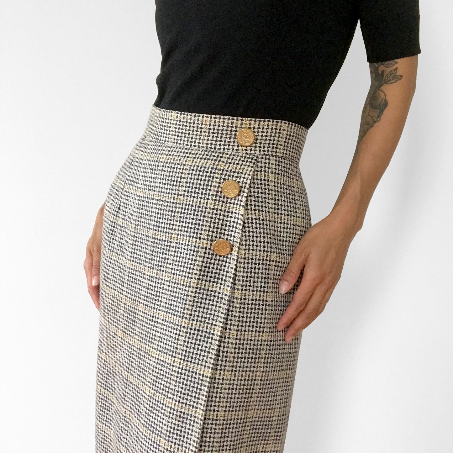 Made in the USA Black Grey and Yellow Gold-Buttoned Midi-Length High-Waisted Wool Plaid Skirt