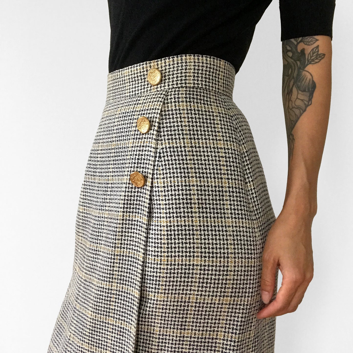 Made in the USA Black Grey and Yellow Gold-Buttoned Midi-Length High-Waisted Wool Plaid Skirt