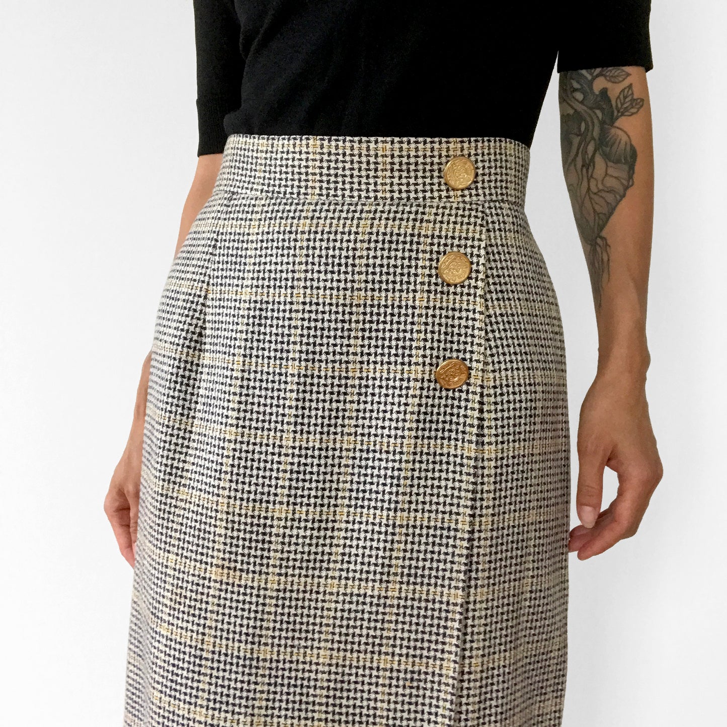 Made in the USA Black Grey and Yellow Gold-Buttoned Midi-Length High-Waisted Wool Plaid Skirt