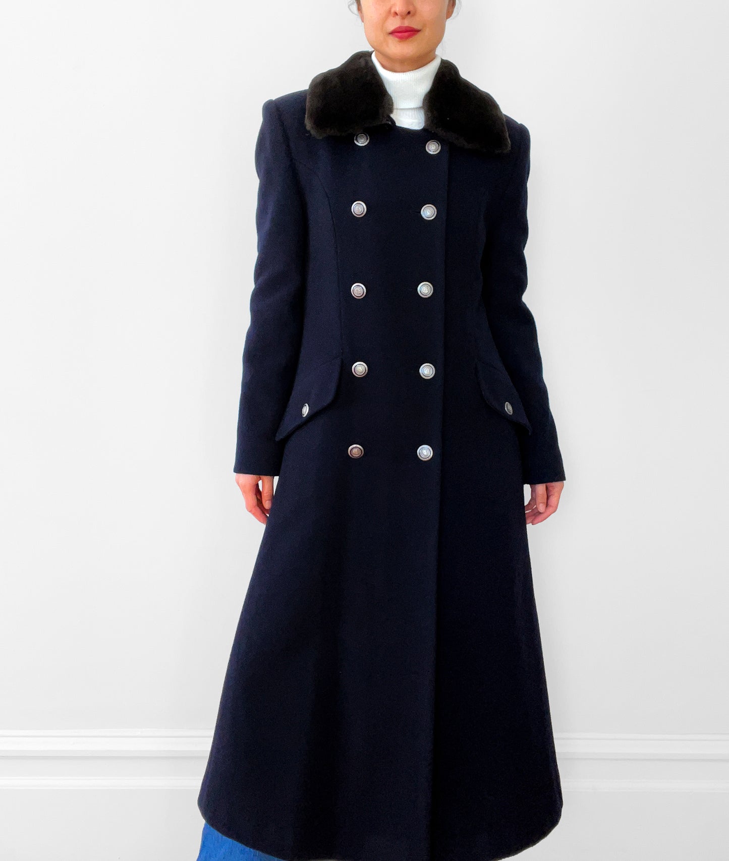 Navy Lambswool Naval- Inspired Double-Breasted Coat