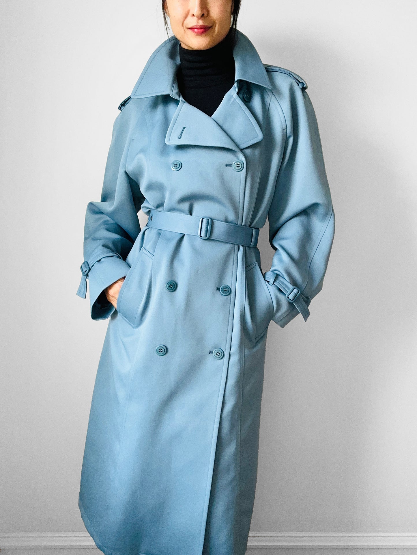 RESERVED!!! 1960s Powder Blue LONDON FOG Made in Canada Double-Breasted Belted Trench Coat - S/M/L