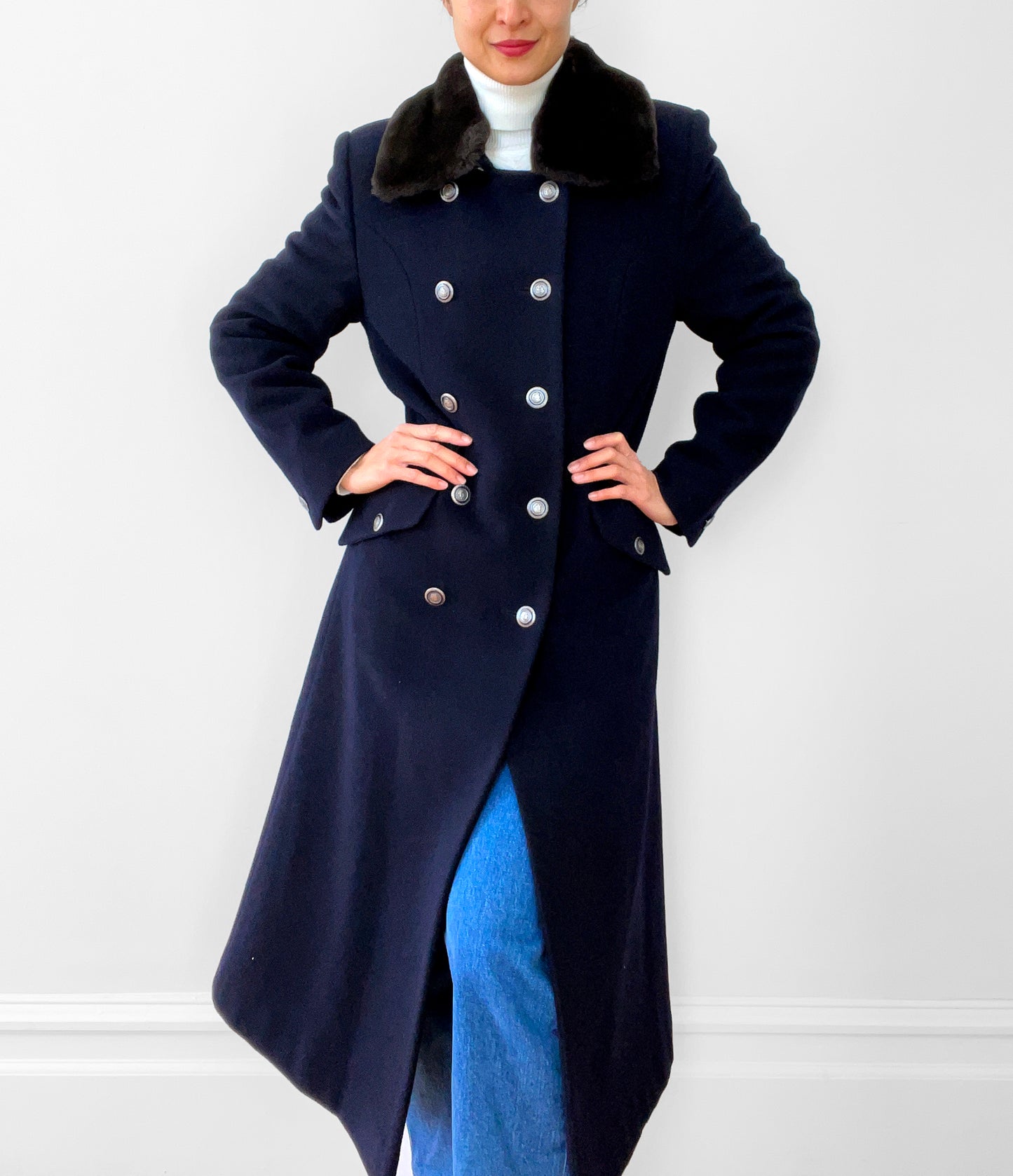 Navy Lambswool Naval- Inspired Double-Breasted Coat