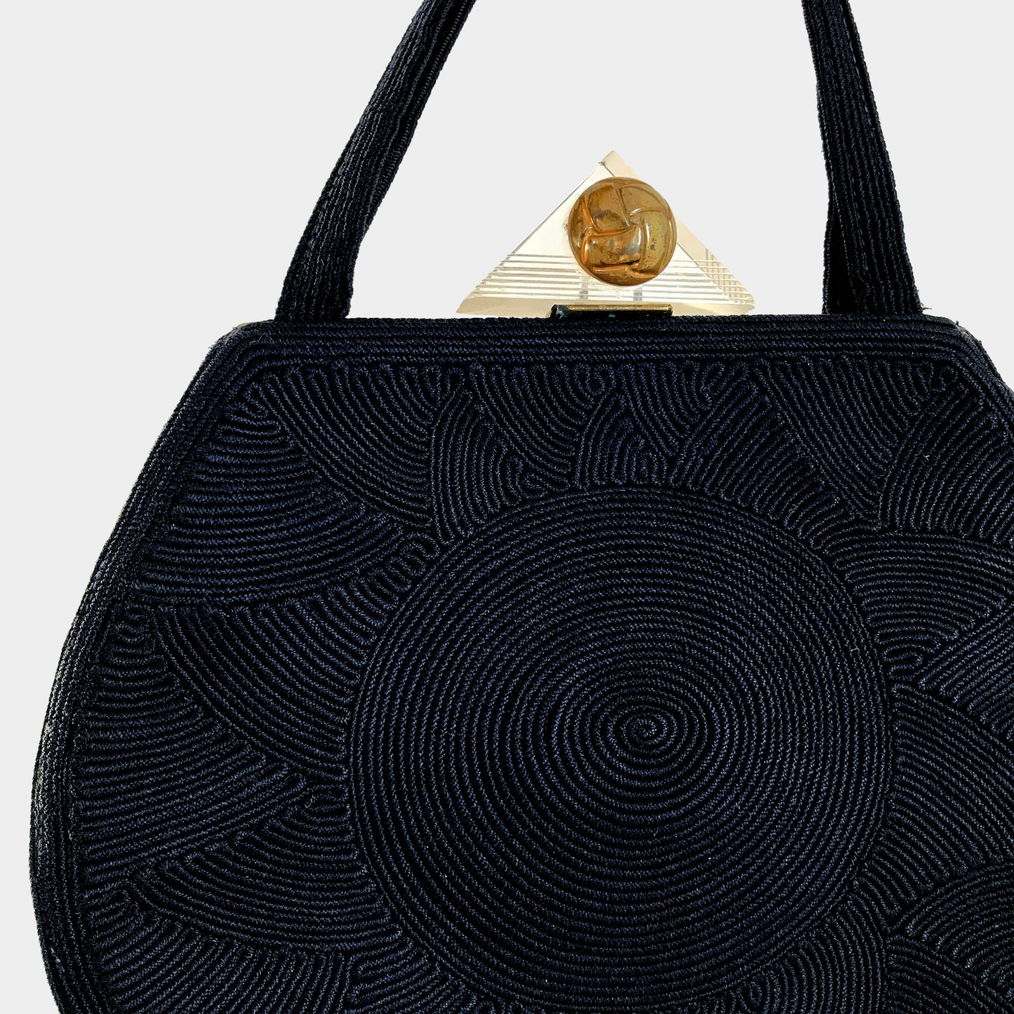 1960s Navy Blue and Gold Corded Triangle Clasp Handbag Purse